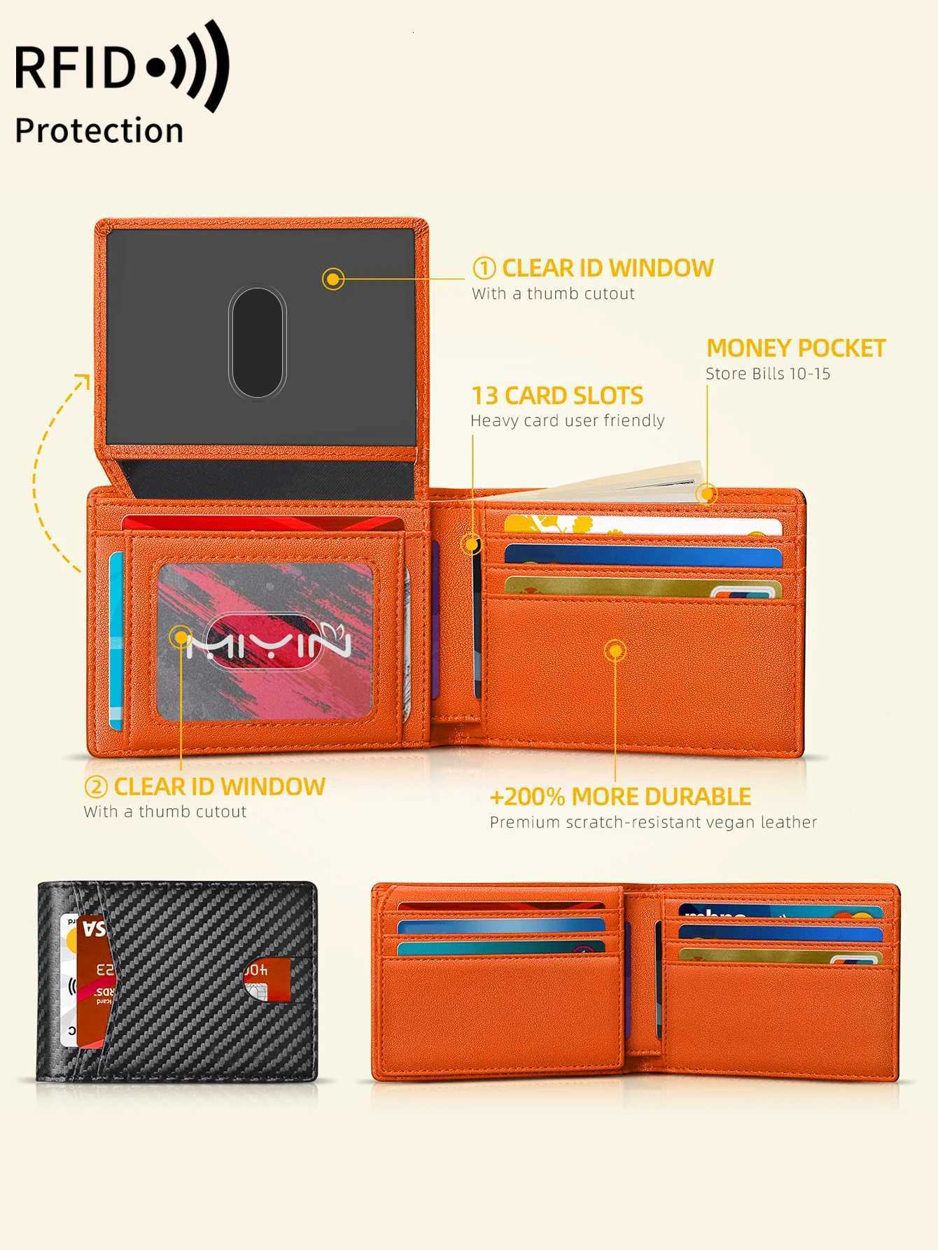 RFID Blocking Ultra-thin Trifold Wallet Carbon Fiber Pattern Portable Holder with 2 ID Windows and Multiple Card Slots XJ250806