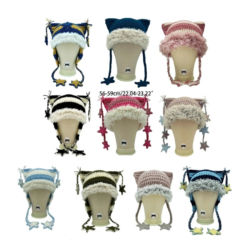 Girl Cartoon Cat Ear Knit Beanie Hat Y2K-style Party Hat Po Props Girl Cute Slouchy Crocheted Hat Drop 250730