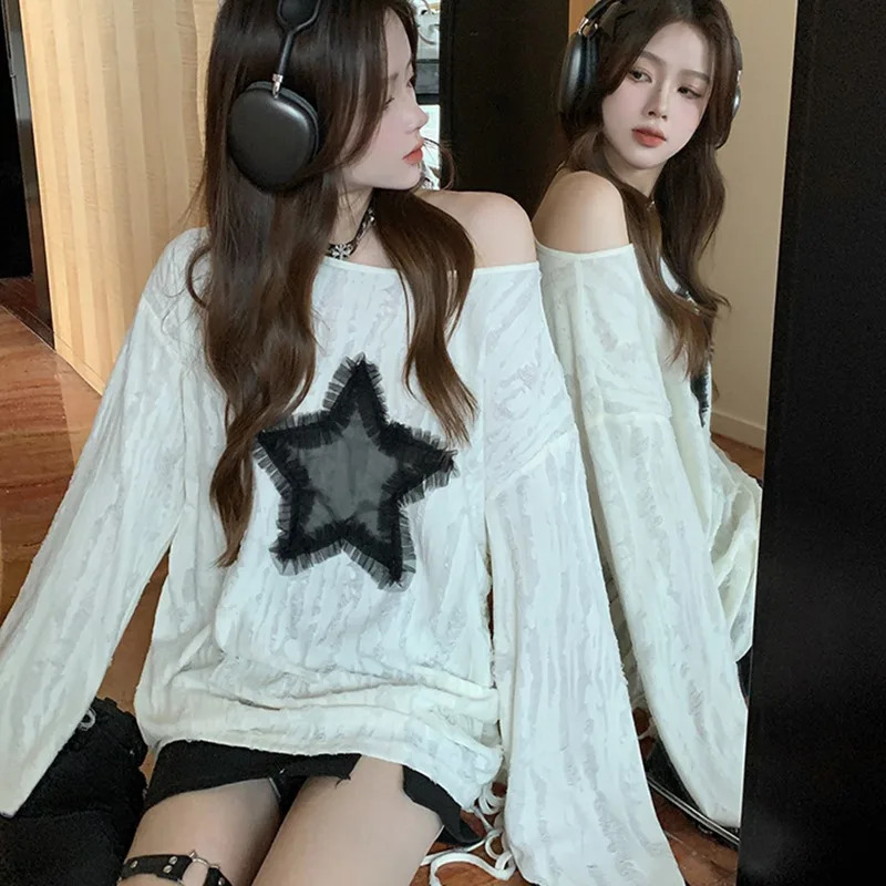 Harajuku Tshirts Fashion Tops Star Hollow Out Long Sleeve T Shirt Korean Kawaii Ropa Mujer Casual Y2k T-shirt Clothes for Teens 250806