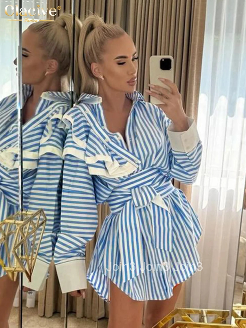 Clacive Fashion Loose Blue Stripe Womens Dress Elegant Lapel Long Sleeve Mini Dresses Casual Classic Lace-Up Female Dress