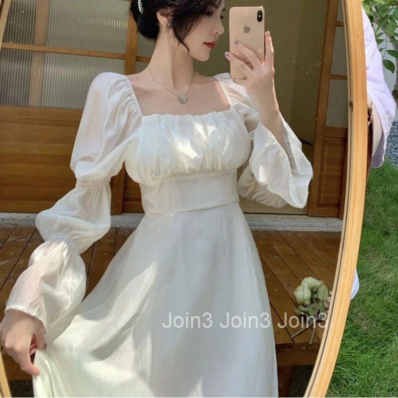 MEXZT Sweet Puff Sleeves Dress Women Long Sleeve Sexy Backless Bow Bandage Dresses White Square Collar Elegant Party Vestidos