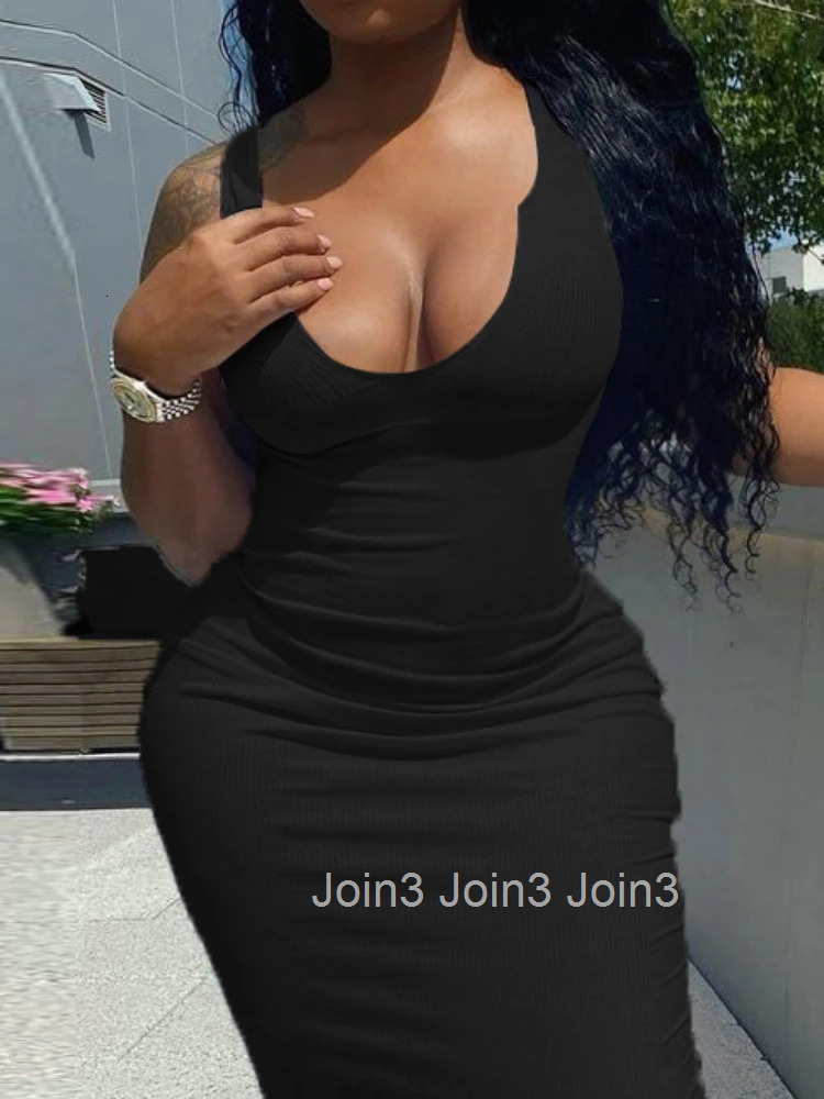 Sexy Deep U Neck Wrap Chest Slim Bodycon Dress Women Sleeveless Solid Color Skinny Dress Elegant Club Party Vestidos