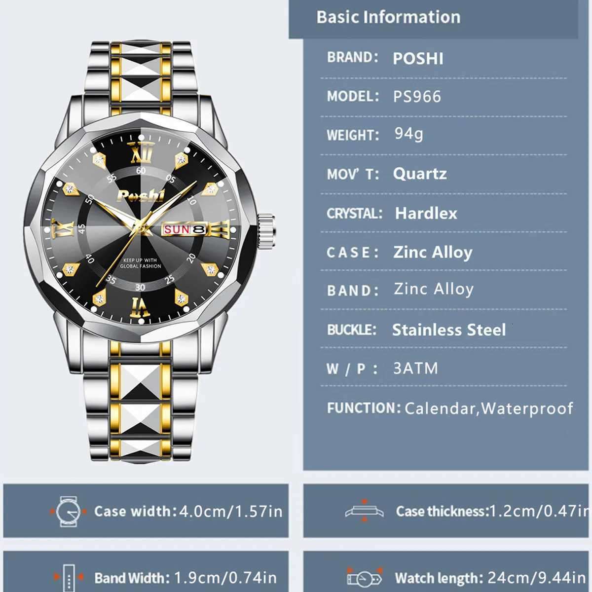 POSHI Mens Date Week Fashion Men Original Waterproof Non-mechanical Luminous Dual Calendar Quartz Wrist W250806