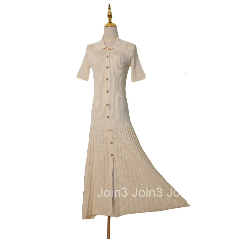 Summer New Womens Black Beige Single Breasted Knitted Long Dress Green Elegant Office Lady Short Sleeve Pleated Dress Chic