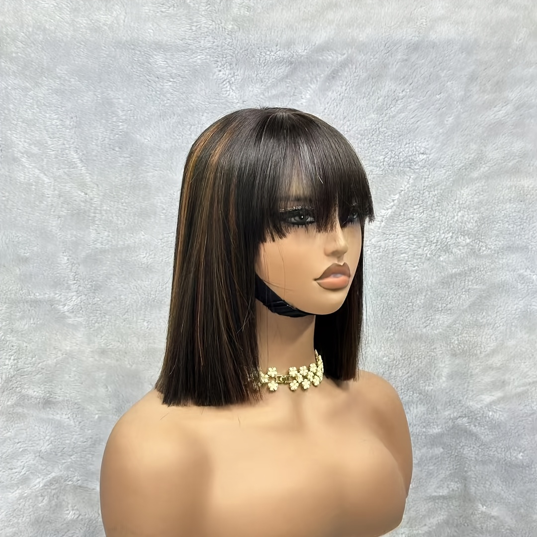 3x1 Lace Bone Straight Bob Super Double Drawn #1B/4 Highlight Brown Black Piano Color Vietnamese Virgin Raw Human Hair Fringe Bangs BOB Wig