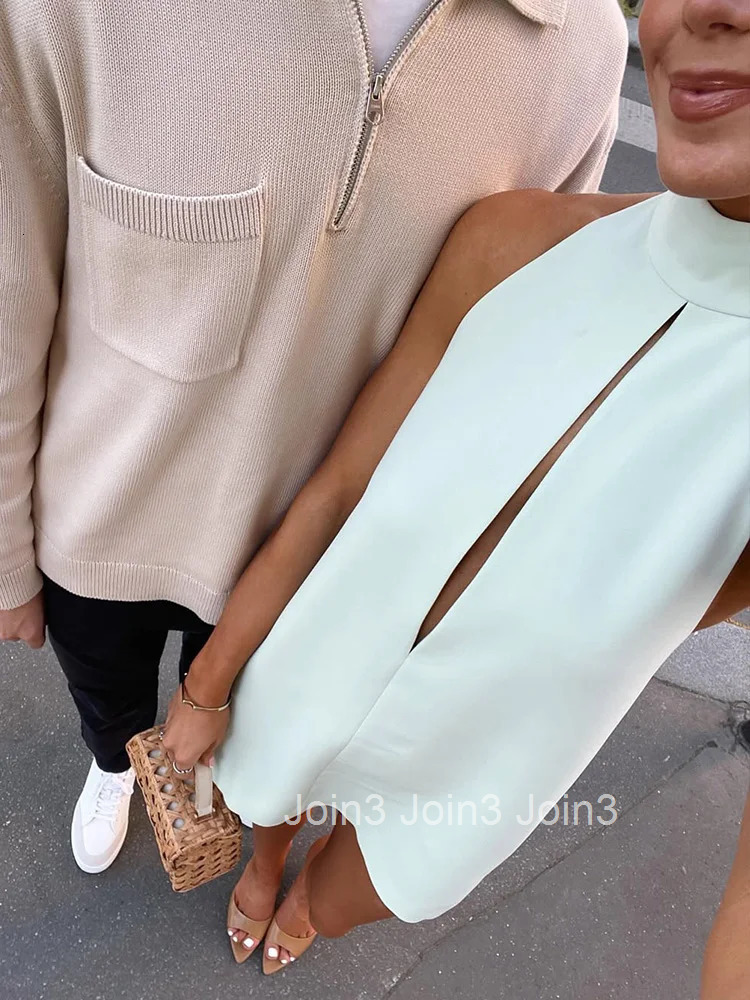 Ahagaga Elegant Womens Mini Dresses Turtleneck Hollow Out Slim Fit Solid Regular Causal Basic Summer Halter Vestidos Female