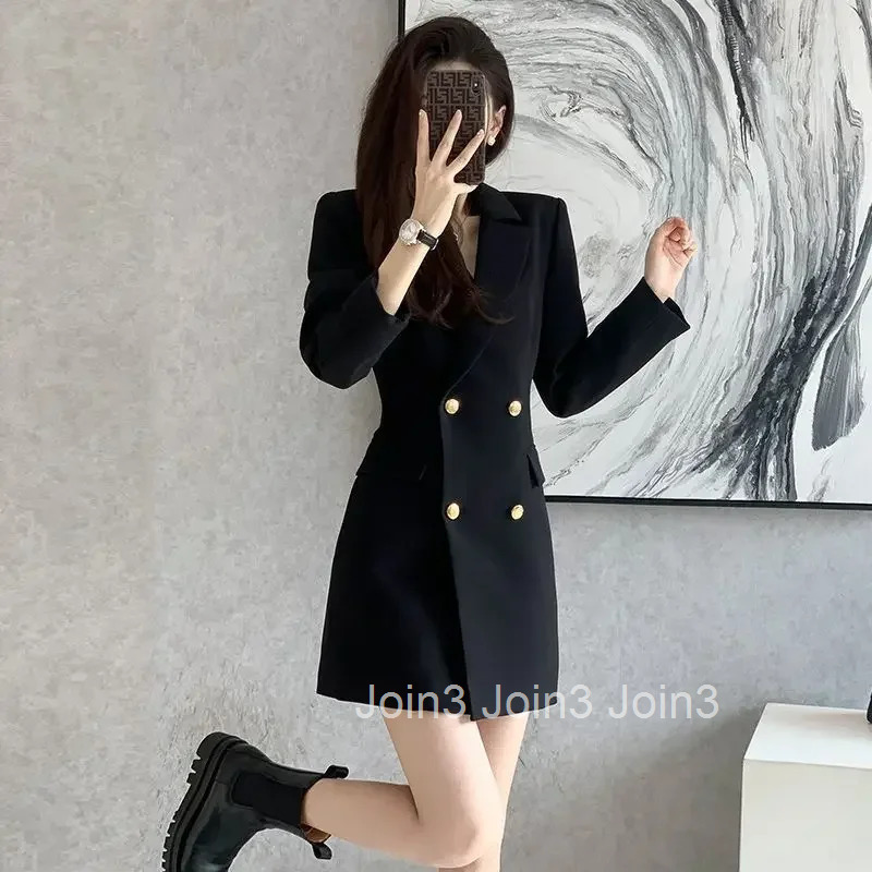 Black Formal Dress Women Spring Autumn New Elegant Slim-fit Double Breasted Long Sleeve Mini Suit Dresses