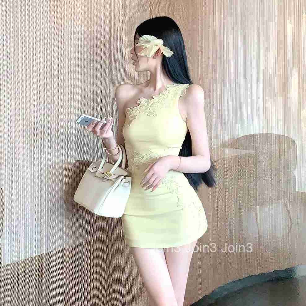 Luxury Heavy Embroidery Asymmetric Shoulder Dress Summer Elegant Wrap Bodycon Skirt