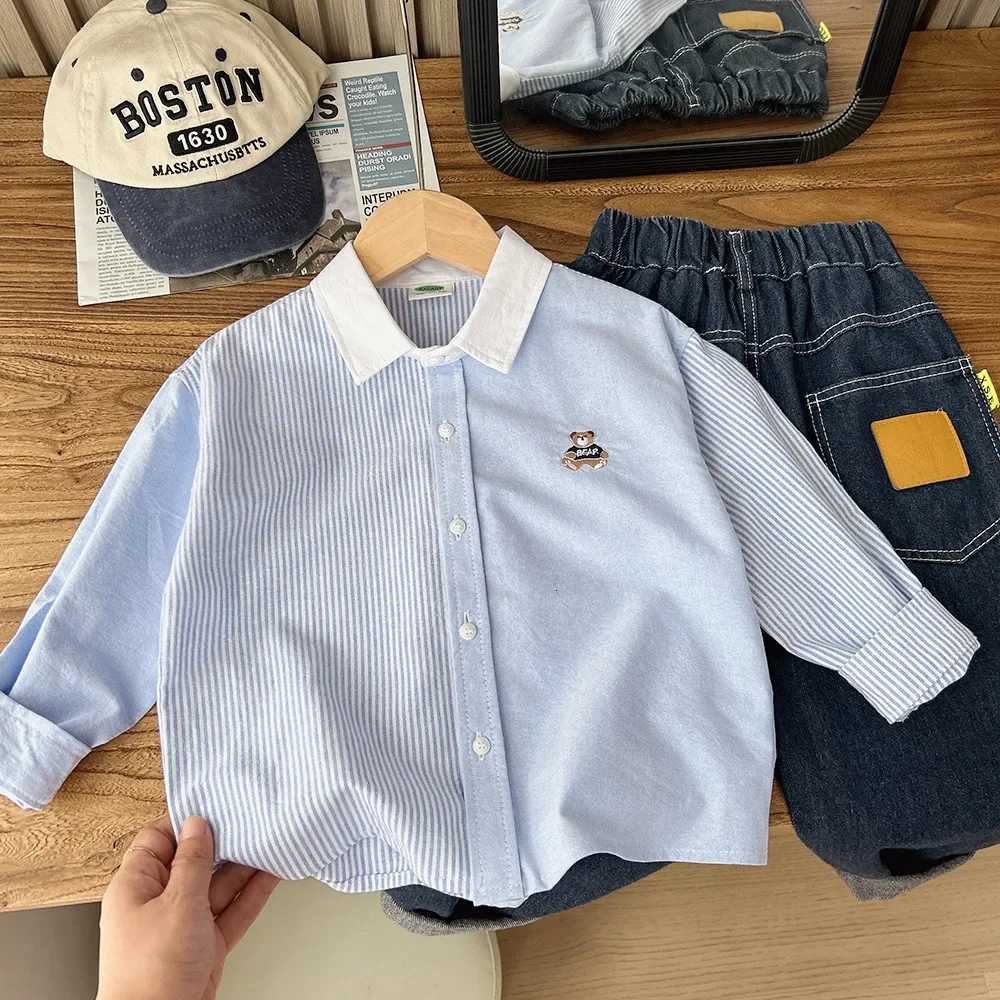 2025 Autumn Boys Striped Blouse Shirt Long Sleeve Embroidery Bear Casual Top for Kids 4-14 Years New Cool Cotton Blend 100-150 X250806