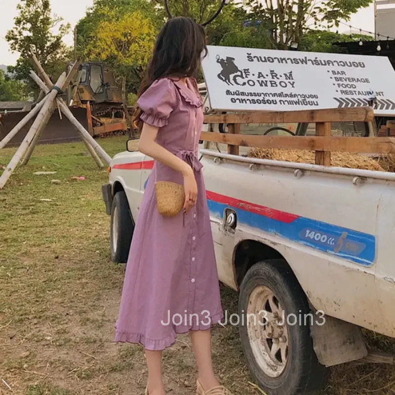 French Vintage Unique Womens Dress Baby Collar Mid-Length Korean Style Slimming Waist Summer Long Skirt Elegant Gown