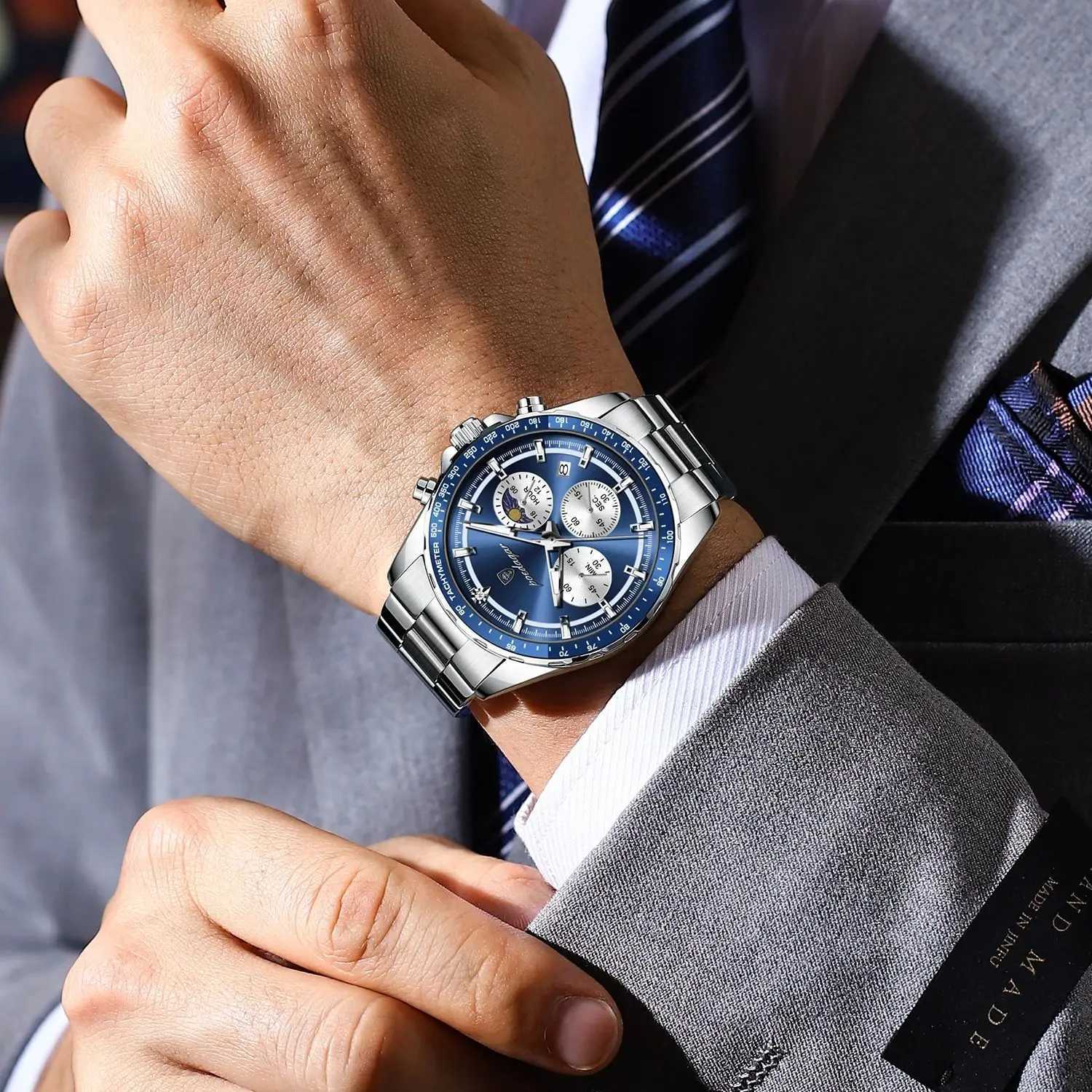 POEDAGAR Fashion Mens Wrist Chronograph Date Waterproof Luminous Mens Stainless Steel Luxury Quartz Mens Watch W250806