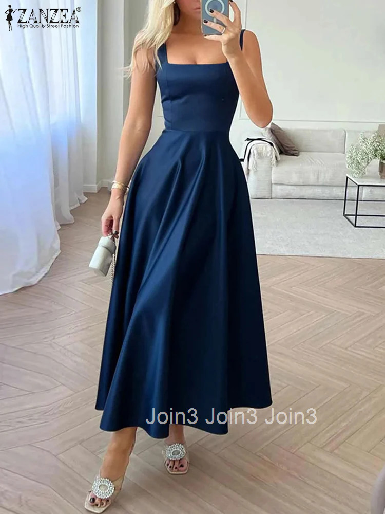 Women Satin Silk Summer Robe Fashion Elegant Party Dress Square Neck Maxi Dress Solid Color Sexy Waisted Umbrella Vestido