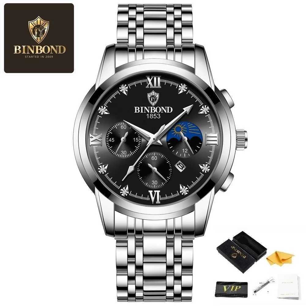 BINBOND New Mens Top Luxury Business Waterproof Luminous Hands Display Date Stainless Steel Strap Quartz W250806