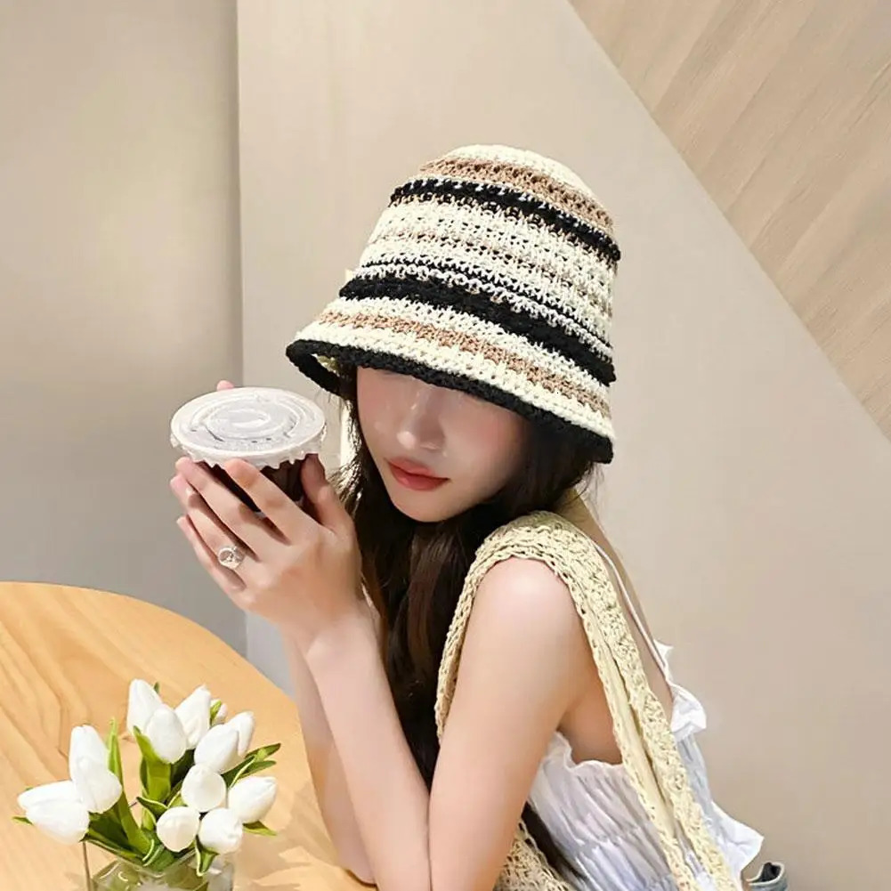 Japanese Style Woven Striped Fisherman Hat Retro Hollowed Hat Versatile Summer Breathable Sun Protection Foldable Beach Hats 250805