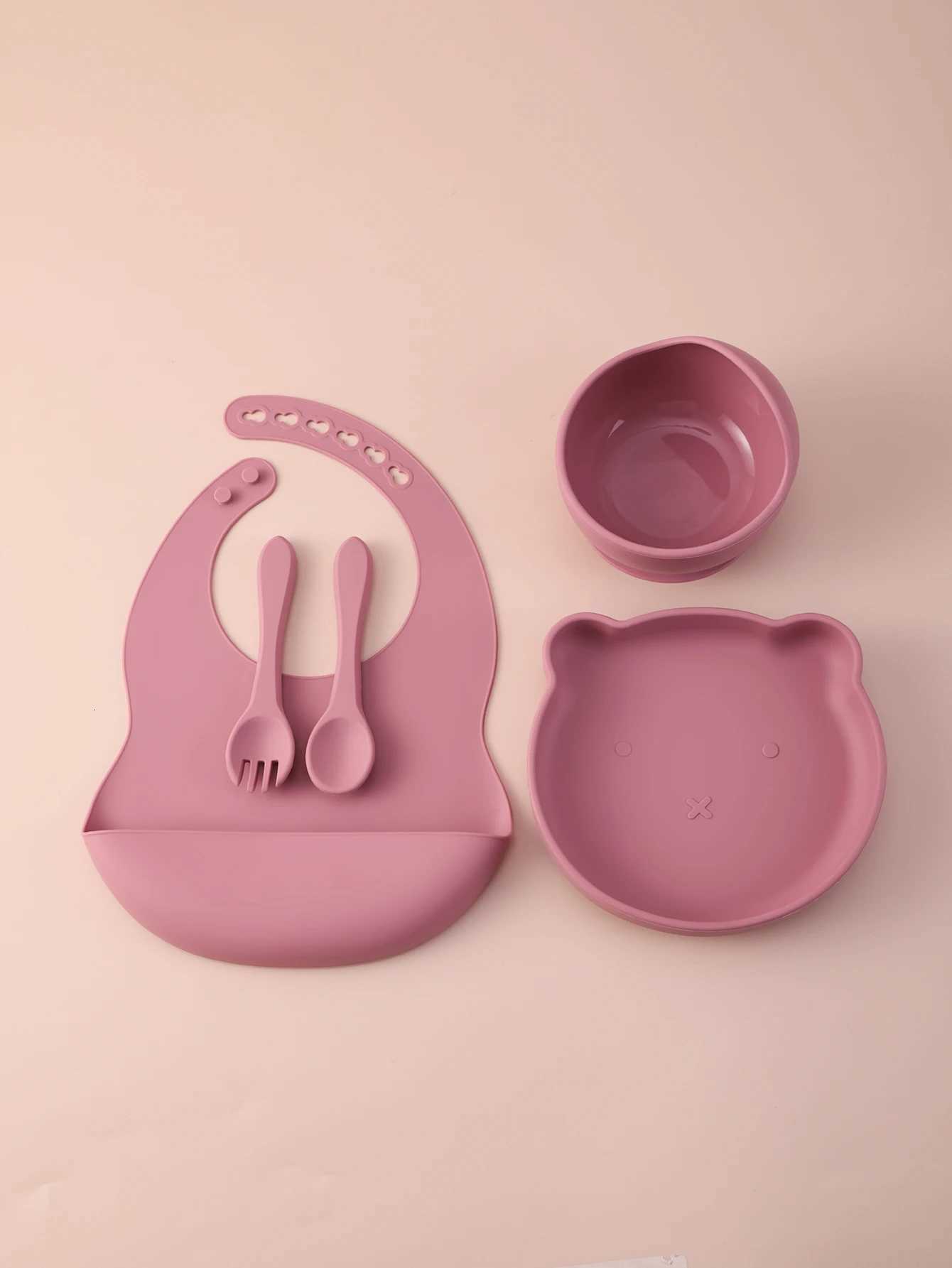 5PCS Bear Silicone Baby Feeding Set Suction Plate Spoon Fork Bib BPA Free Toddler Weaning Essentials Childrens Tableware X250806