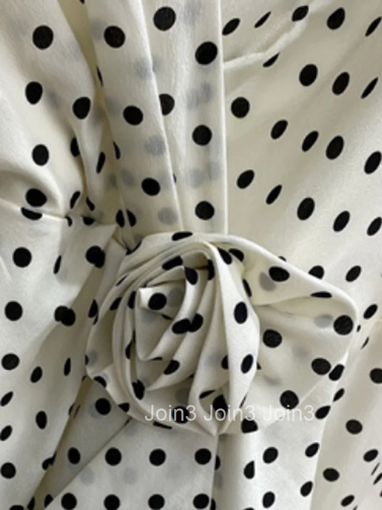 Elegant Party Dress Summer V-Neck Half Puff Sleeves High Waist Line Bow Decoration Polka Dots Women Temperament Dress