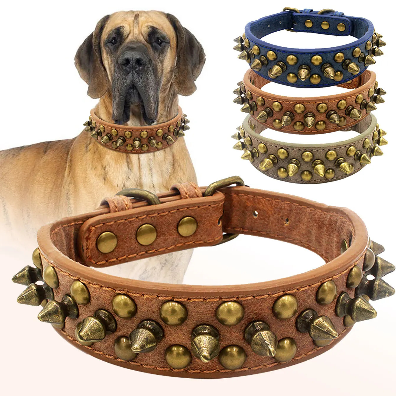 CP037-1--Vintage brass rivet heavy-duty adjustable pet dog collar round head rivet paired with wear-resistant PU leather. 250805