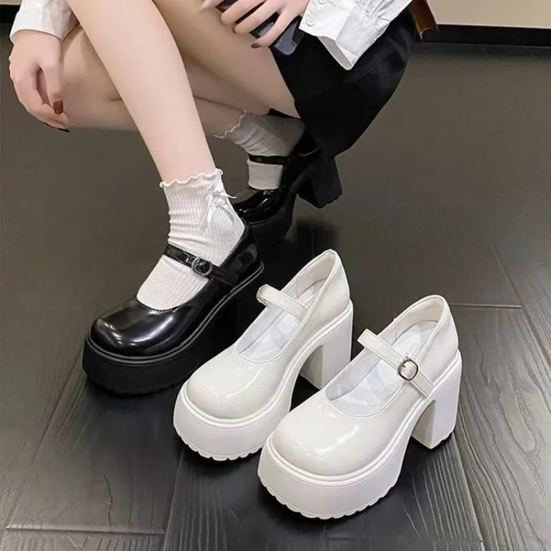 High Heels Mary Janes Shoes Autumn Patent Leather Heeled Shoes Woman Chunky Platform Ankle Strap Pumps for Women 250731
