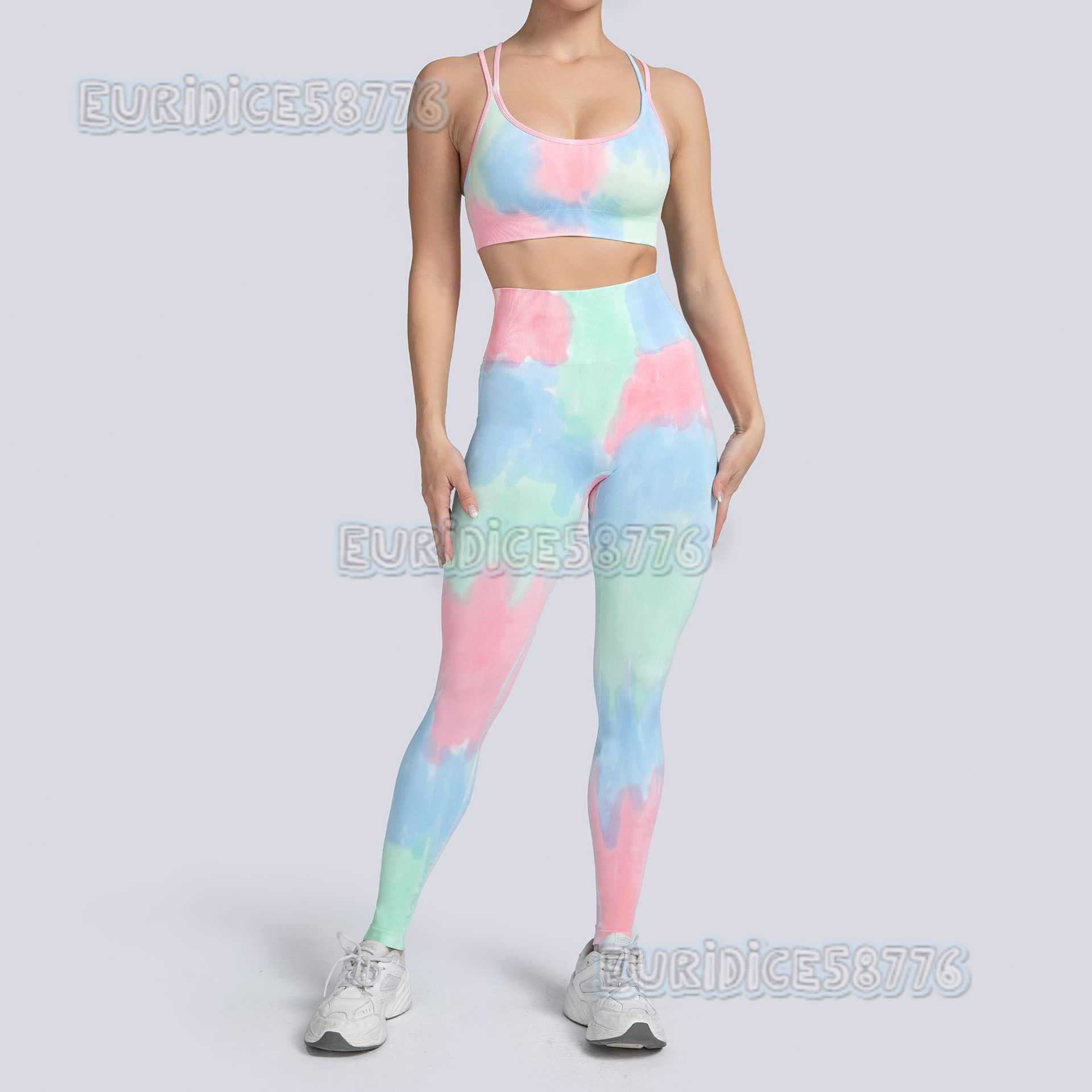 New Seamless Tie-dye Yoga Outfit Sports Set High Waist Hip-lifting Fitness Pants Double Strap Backless Bra Shorts H250806