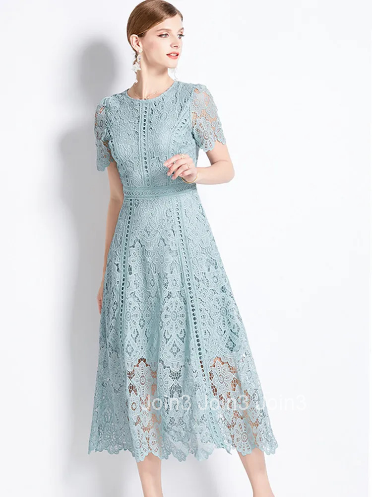 JAMERARY Vintage Holiday Lace Hollow Out Prom Dress For Womens Summer Slim Elegant Short Sleeve Long Dress Female Clothing
