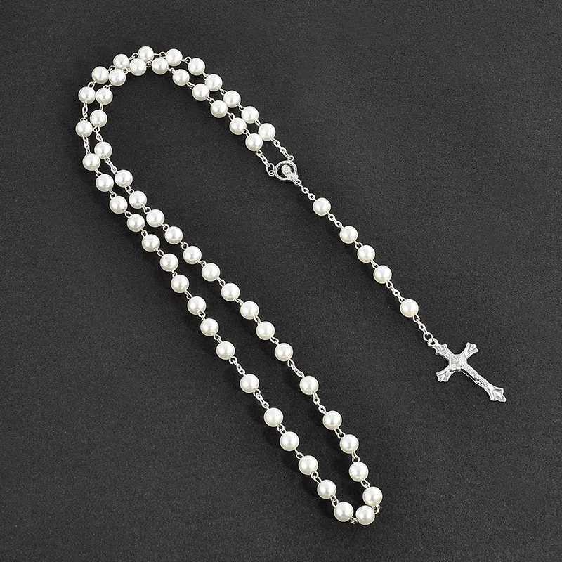 Vintage Pearl Bead Chain Christian Catholic Rosary Cross Rosary Pendant Necklace for Women Men Charm Religious Jewelry Gifts Y250805