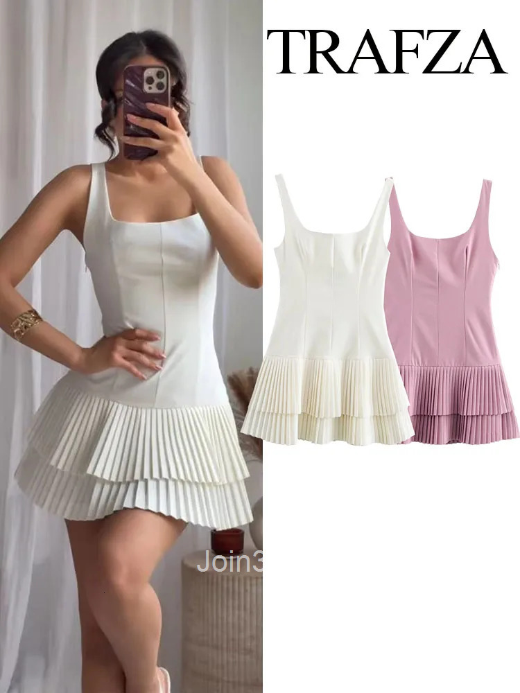 Women Fashion Square Collar Sleeveless Solid Mini Dress Female Summer Pleated Dress Chic High Street Slim Short Dress