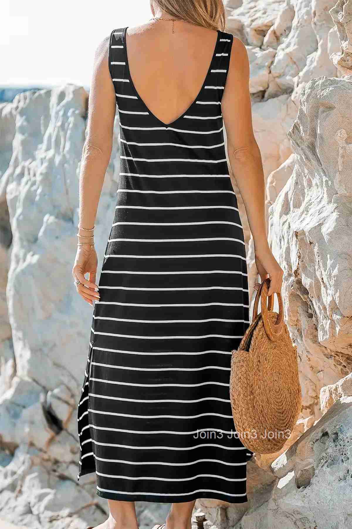 Elegant Black and White Striped Side Slit Vacation Dress