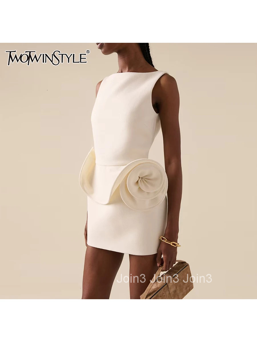 Solid Spliced Appliques Elegant Mini Dresses For Women Round Neck Sleeveless High Waist Minimalist Dress Female New