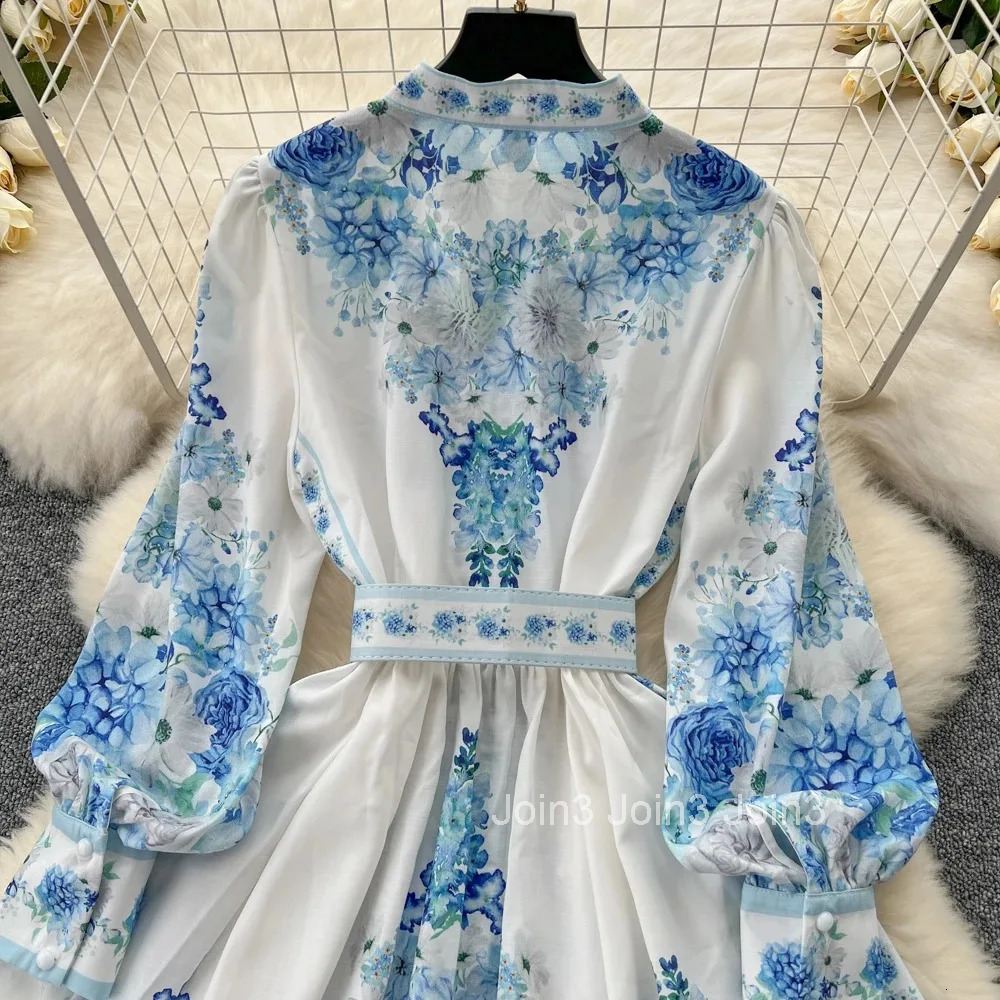 Retro Elegant sashes o neck Single Breasted print Dress lool Sleeve A-line Casual High Waist Women Summer sweet Dresses