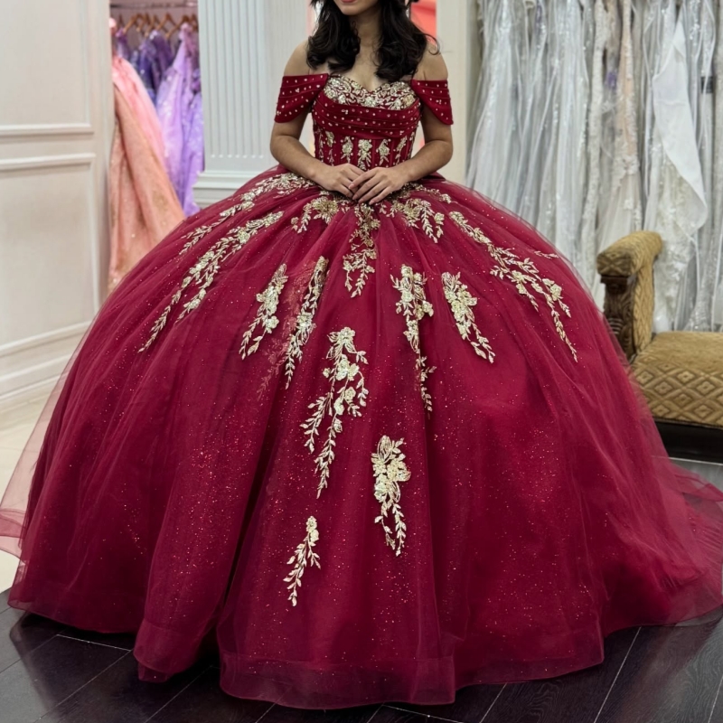 Red Shiny Quinceanera Dresses Off The Shoulder Applique Lace Beads Bow Tull Ball Gown Vestidos De 15 Anos Sweet 16 Dress