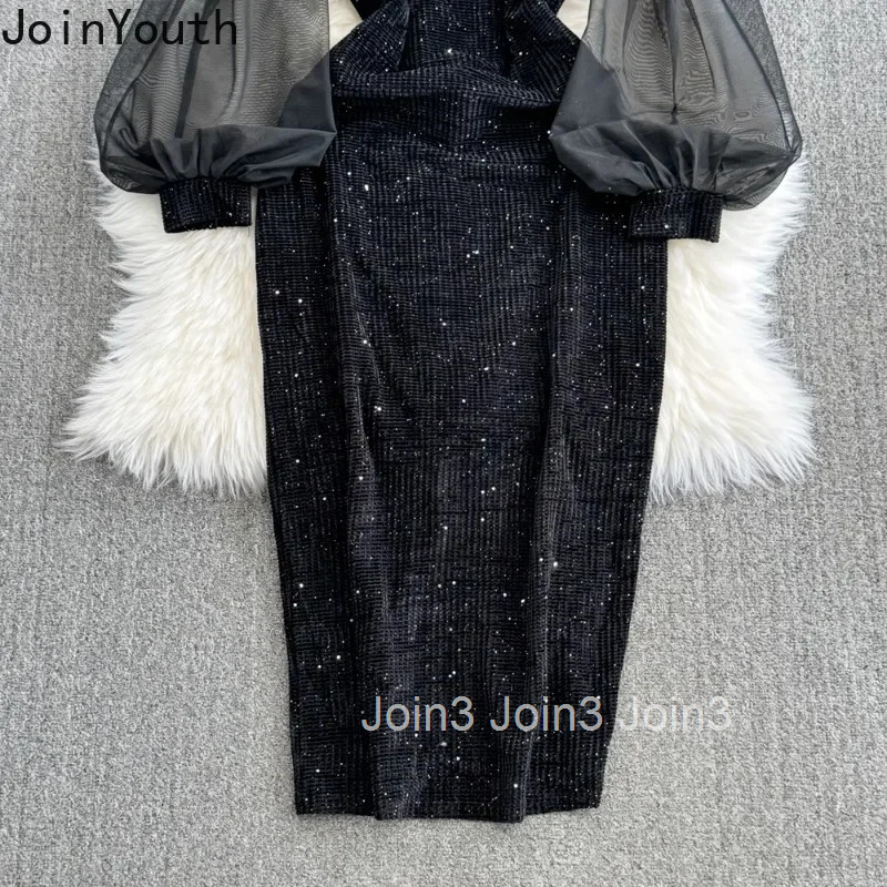 Temperament Robe Femme Black Patchwork Gauze Dress Women Vestidos De Mujer Lantern Sleeve Velvet Sequin Bodycon Dresses