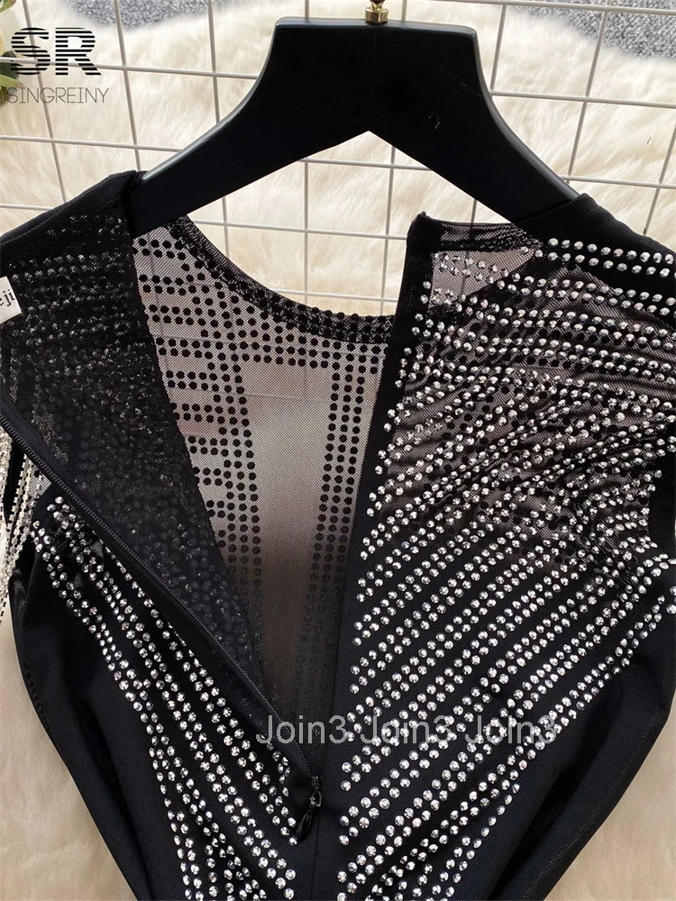 Beading Tassel Fashion Dresses Woman Temperament Sleeveless Zipper Design O Neck Slim Bodycon Sheer Senior Party Dress