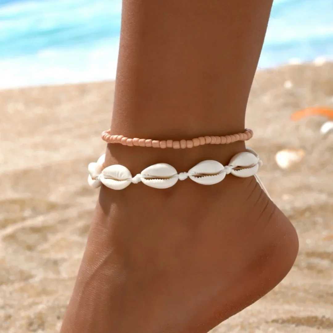 2PCS Bohemia Natural Shell Anklets For Women Small Resin Beads Summer Beach Shell Barefoot Ankle Leg Chain Foot Jewelry Y250805