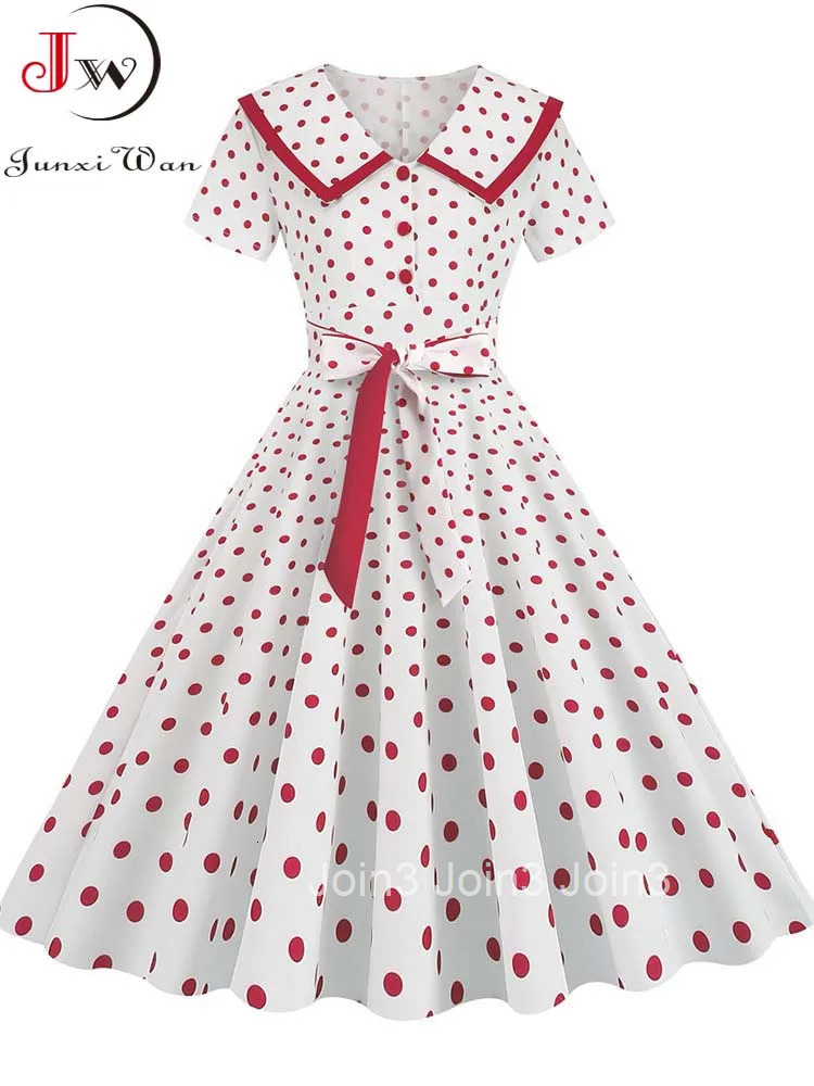 Womens Vintage Polka Dot Turn-Down Collar Midi Dress Summer 50s Style Elegant Button Detail Short Sleeve Party Gown