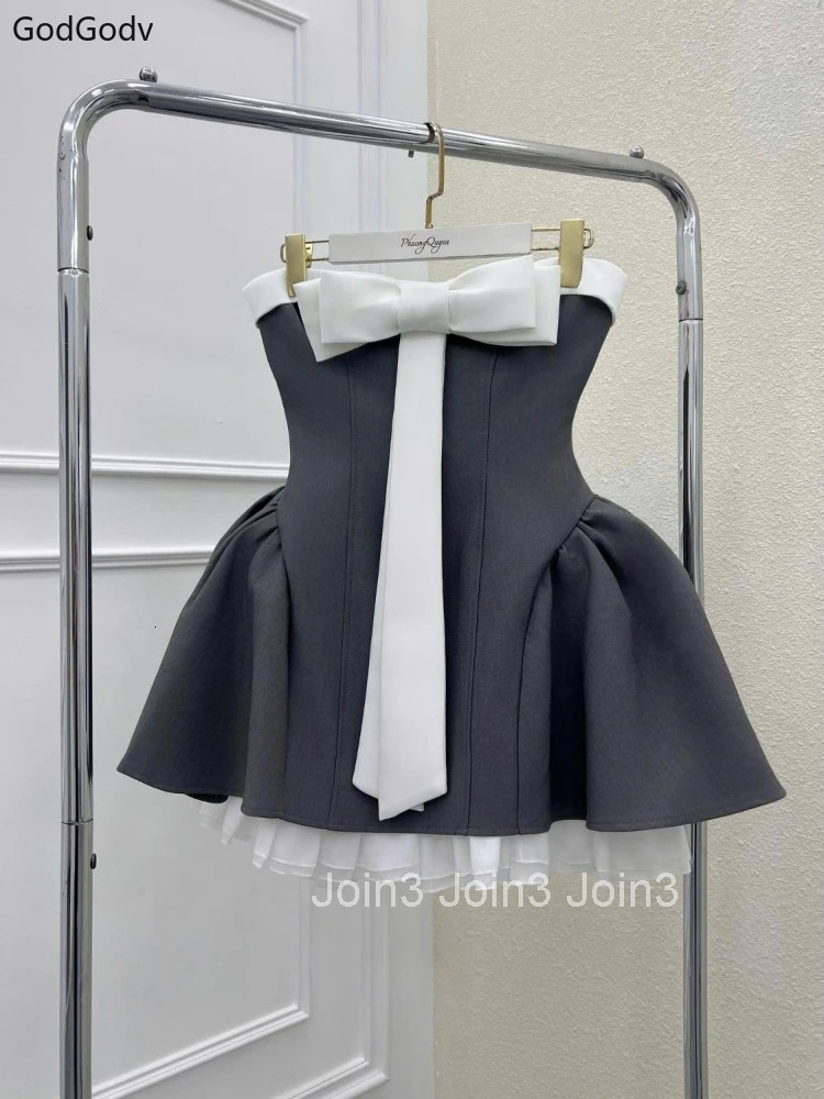 Summer New Vintage Elegant Woman Dress Strapless Bow Patchwork High Waist Puffy Mini Dress Female French Chic Sexy Outfits