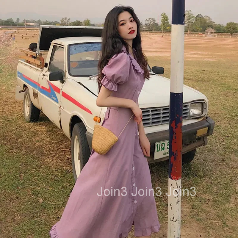 French Vintage Unique Womens Dress Baby Collar Mid-Length Korean Style Slimming Waist Summer Long Skirt Elegant Gown