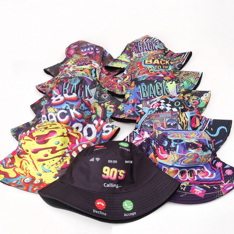 Stage Wear Bucket Hat Fashion Print Fisherman Hats Double Sides Flat Top Panama Caps for Men Women Reversible Outdoor Sun Hats Basin Cap