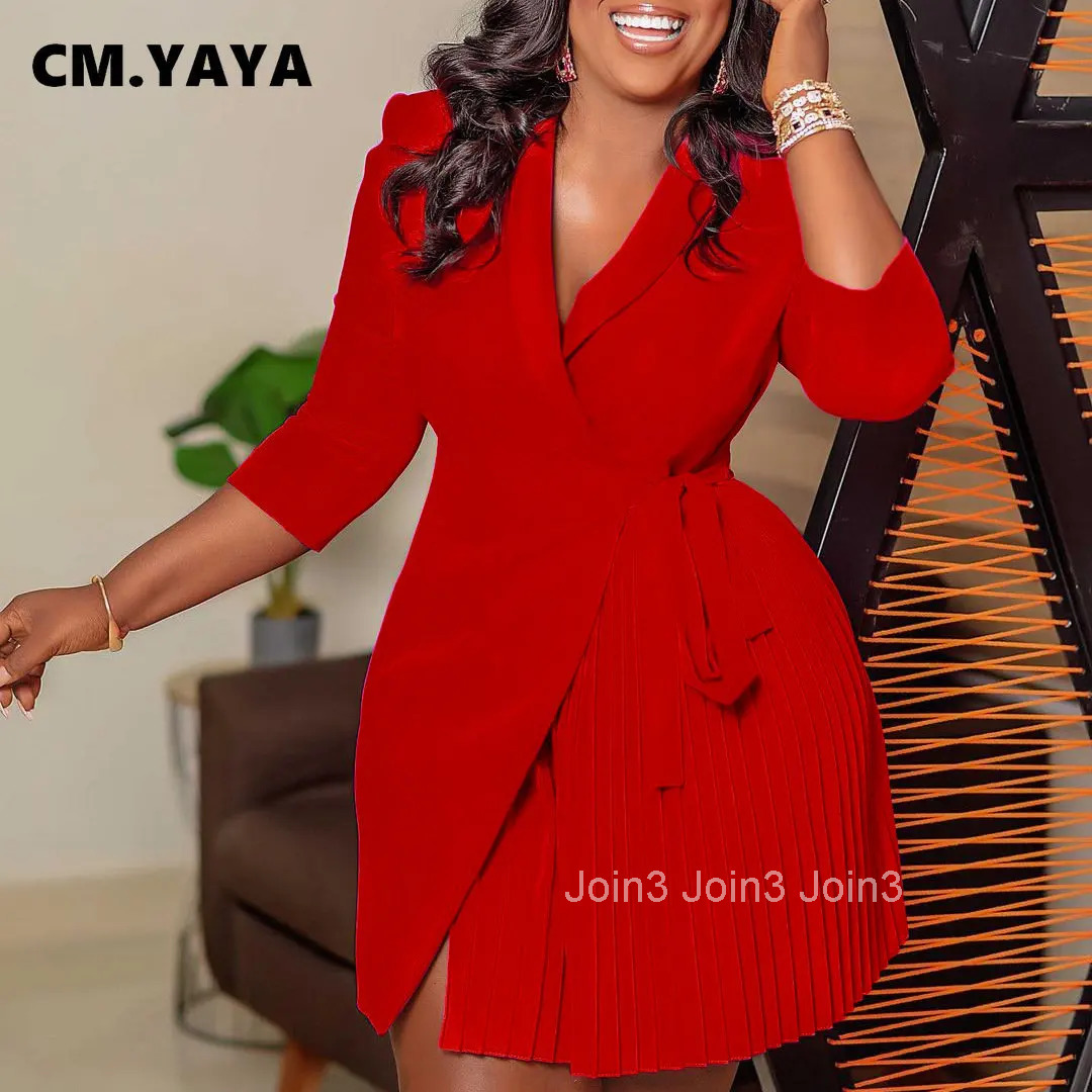 CM.YAYA Women Lace Wrap Notched Neck Pleated Blazer Style Dress Office Lady Vintage Sexy Party Three Quarter Sleeve Dresses