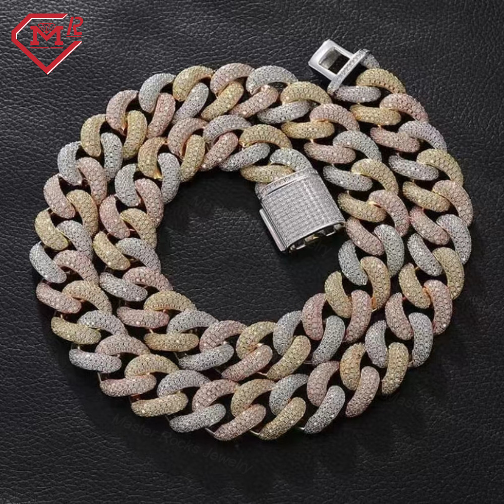 Heavy Custom 15MM Moissanite Cuban Chain Chunky 3 Tone 925 Silver Hiphop Iced Out VVS Cuban Link Chain