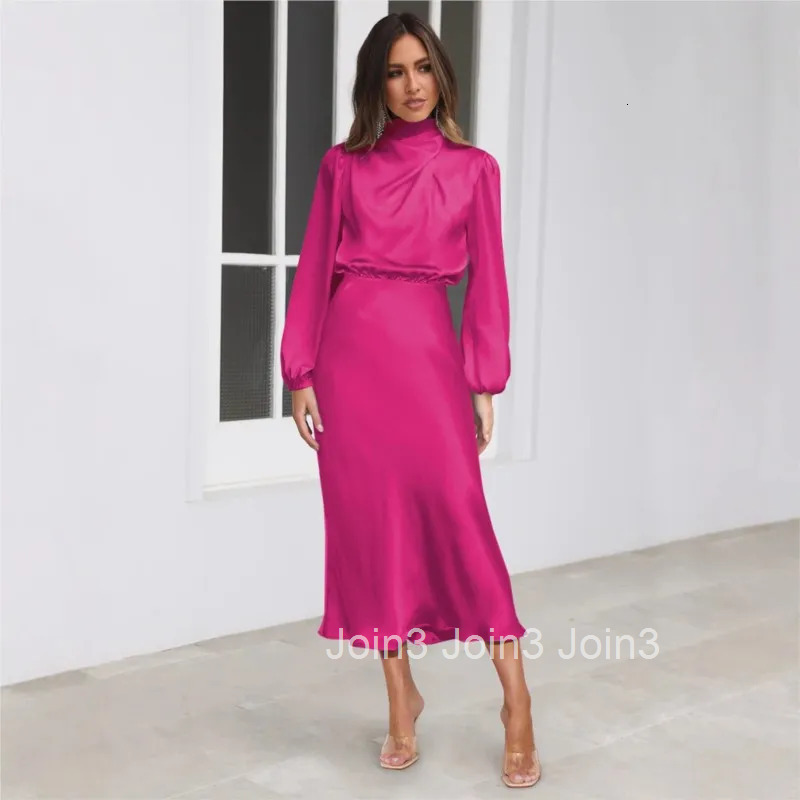 Elegant satin high neck back hollow button long sleeved dress spring and autumn womens fashion temperament party evening dress