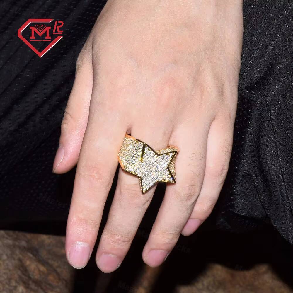 Fashion Design Bling 925 Silver Iced Out Rings Standard Wholesale Price Vvs Moissanite Star Ring Hip Hop Rapper