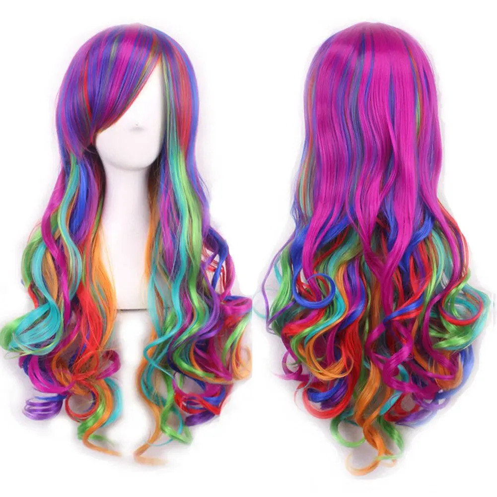 Soowee Synthetic Hair Ombre Rainbow Cosplay Wig with Bangs Red Yellow Purple Green Blue Wigs for Black Women 250805