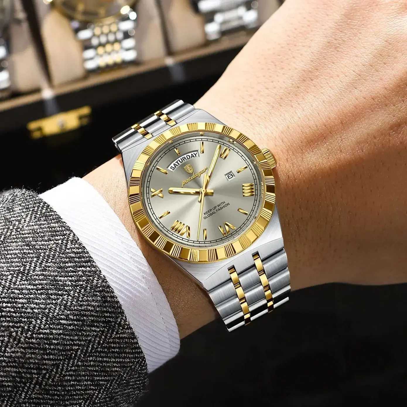 POEDAGAR Luxury Top For Men Classic Week Date Waterproof Luminous Mens Wristwatch Stainless Steel Quartz Mens es Male W250806