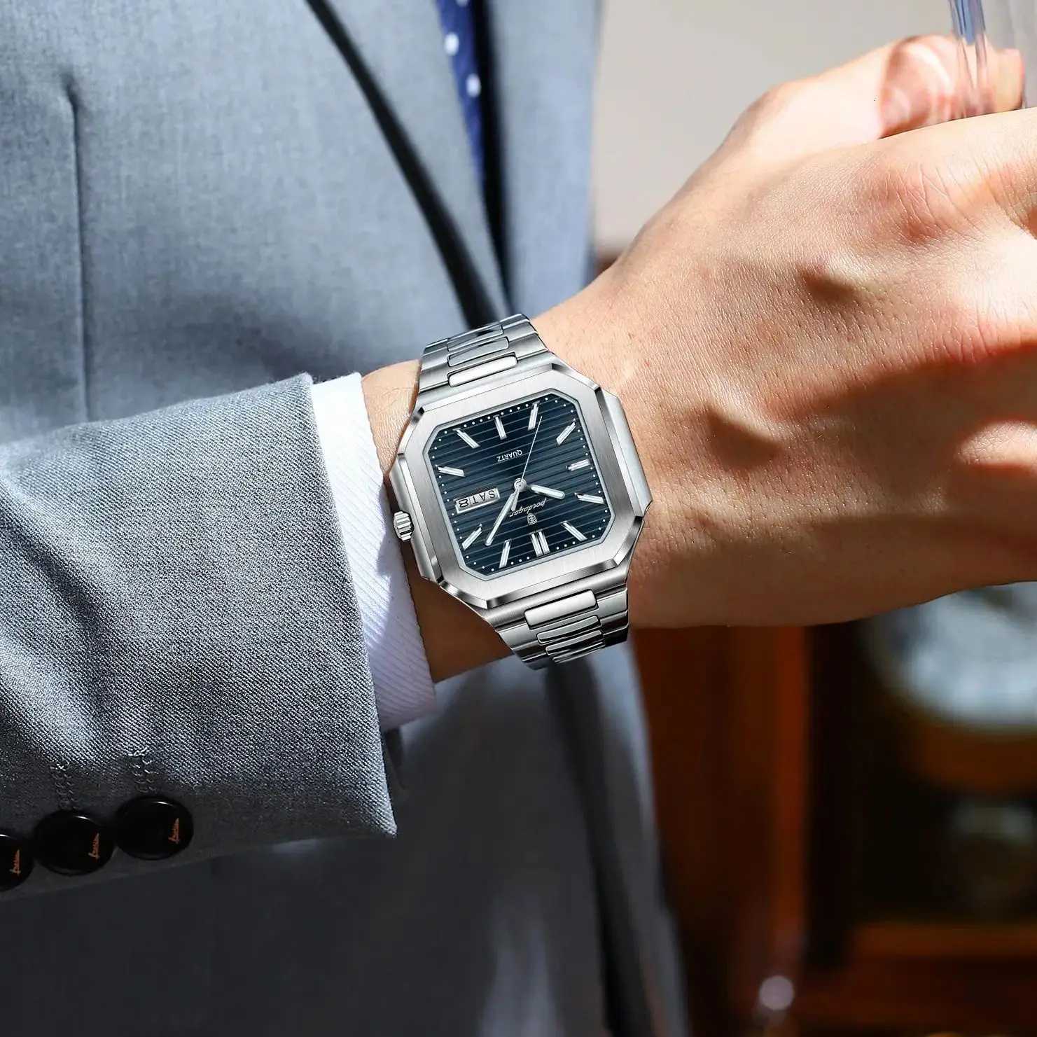 POEDAGAR Luxury Square Fashion Mens Wrist Waterproof Luminous Date Week Quartz Mens Stainless Steel Watch W250806