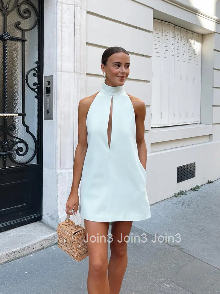 Ahagaga Elegant Womens Mini Dresses Turtleneck Hollow Out Slim Fit Solid Regular Causal Basic Summer Halter Vestidos Female