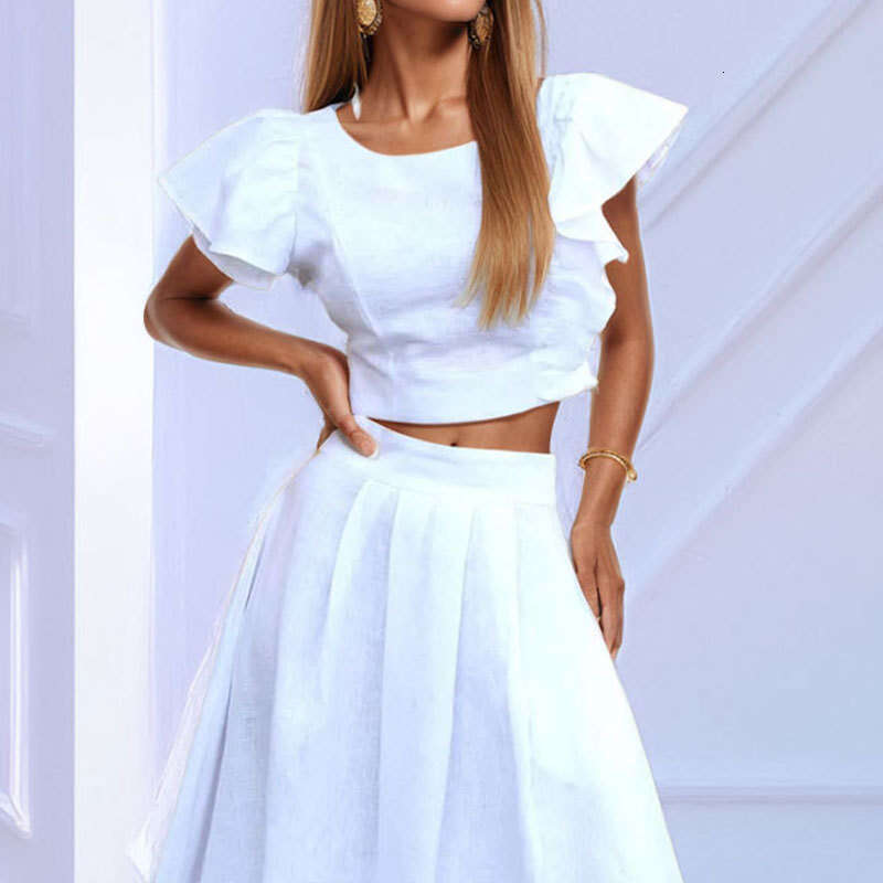 New Women's Solid Color Flutter Sleeve Short Top And Skirt Fashion Two-Piece Set For Women B5