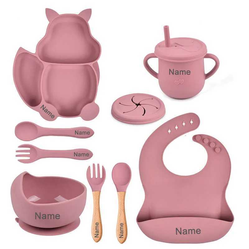 Personalized Name Silicone Tableware Set For Kids 8Pcs Baby Solid Feeding Set Squirrel Plate Dishes Sucker Bowl Bib Newborn Gift X250806