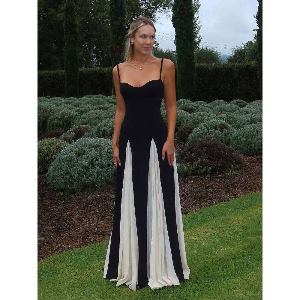Designer Clothing 2025 Fashion Contrast Patchwork Pleated Sling Dress Elegant Backless Sleeveless Women High Waist Vestdio New Lady Slim Fit Party Gow