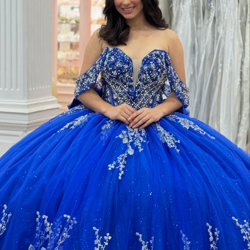 Royal Blue Shiny Quinceanera Dresses Off The Shoulder Sequin Applique Lace Beading Bow Tull Ball Gown Vestidos De 15 Anos Sweet 16 Dress