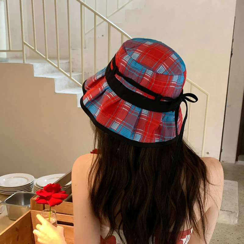 Retro Red and Blue Contrasting Color Plaid Bucket Hats Women Spring and Summer Big Brim Sun Protection Versatile Fashion Sun Hat 250806